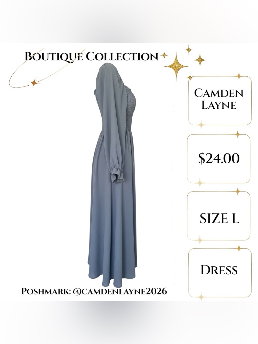 Camden Layne Smocked Square-Neck Midi Dress in Dusty Blue - Picture 5 of 7